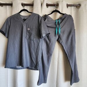 Figs Gray Scrub Top and Pants with Teal Drawstring
